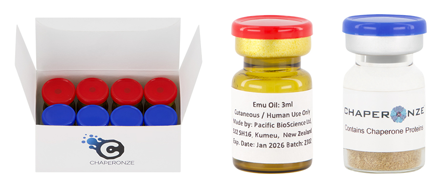 Open pack with two vials alongside Red vial (oil), Blue vial (powder).