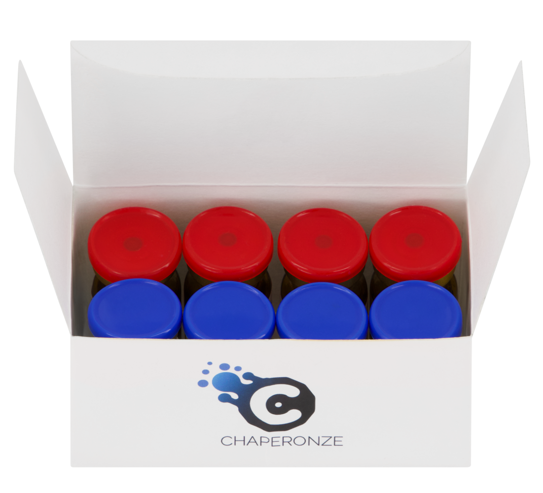 Chaque pack contient 4 flacons rouges et 4 flacons bleus